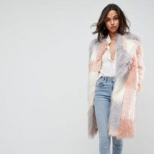 ASOS Patched Faux Fur Coat Size 4 BURNING MAN